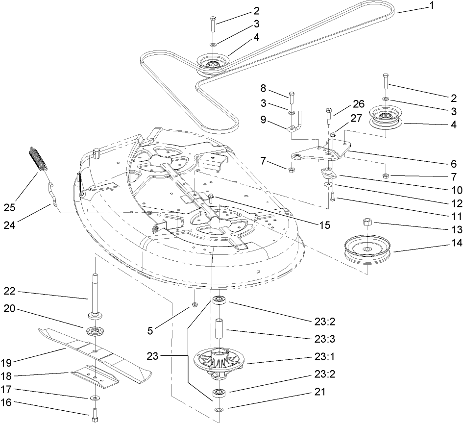 Spindle And Belt Drive Assembly Diagram and Parts List for 81245 (270000001-270999999)(2007) Lawn Boy Lawn Tractor
